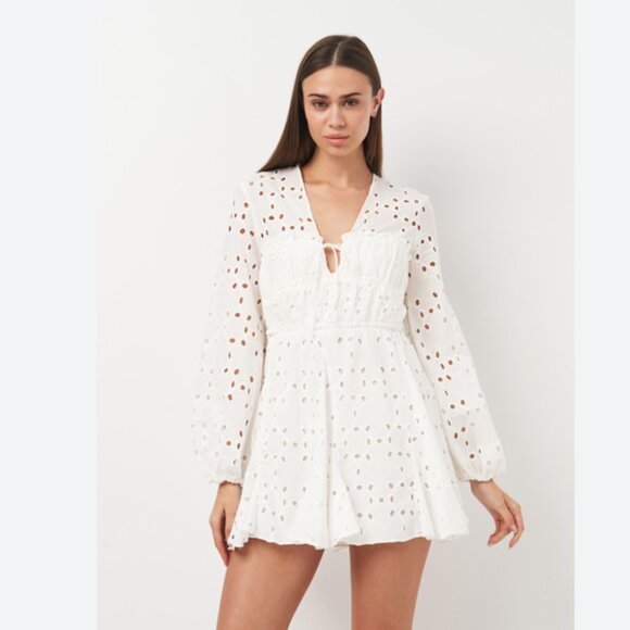 NWT ZARA Oyster White Embroidered Eyelet Long Sleeve Mini Dress Size L - Picture 2 of 13